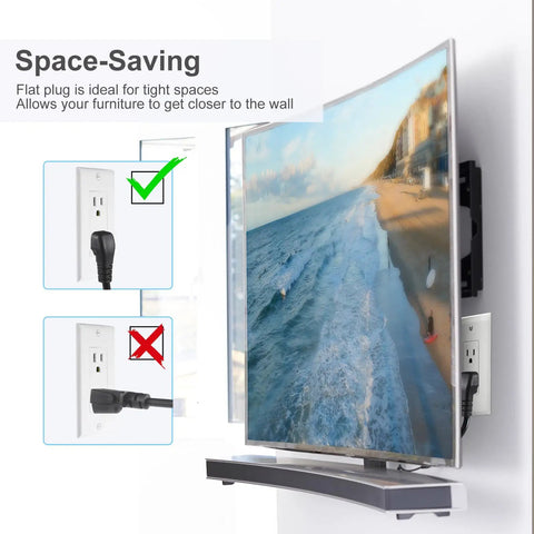 Short Power Extension Cord With Low Profile Wall Head 6 Inch 14AWG SJTW Heavy Duty Cable shown installed behind wall-mounted TV