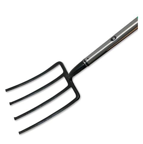 Close-up of Deep Dish Banjo Plantation Fork With Solid Forged Carbon Steel Head Five Rivet Ash Handle Integral Wooden Hilt Powder Coated Head