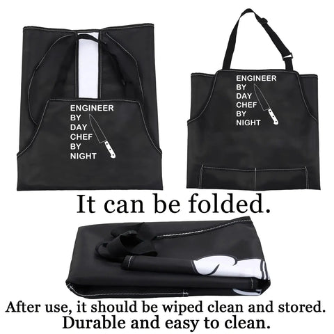 Funny Engineer Kitchen Apron Gift For Gearheads Engineer By Day Chef By Night Theme Apron shown folded and unfolded.