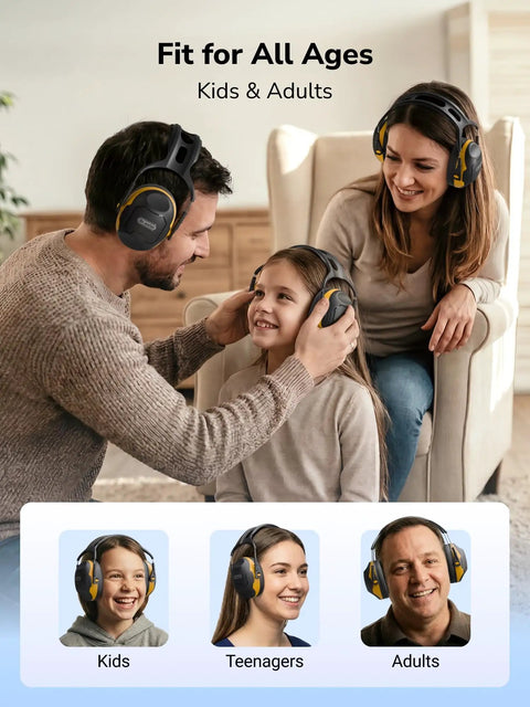 All-Day Comfy Noise Reduction Earmuffs For Adults And Kids, NRR28dB Hearing Protection, family using earmuffs indoors.