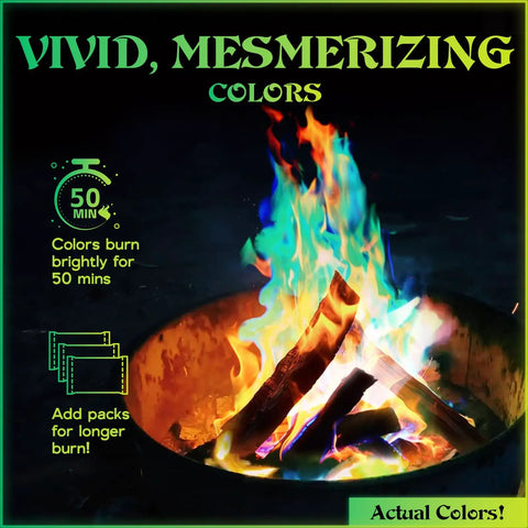 Totally Lit Color Changing Fire Packets For Fire Pits And Bonfires, Safe Self Contained Fire Color Pellets For Camping And Outdoor Fireplaces, Perfect Family Night Accessory, Indoor Or Outdoor Use, 48 Pack showing vivid rainbow flames in a fire pit.