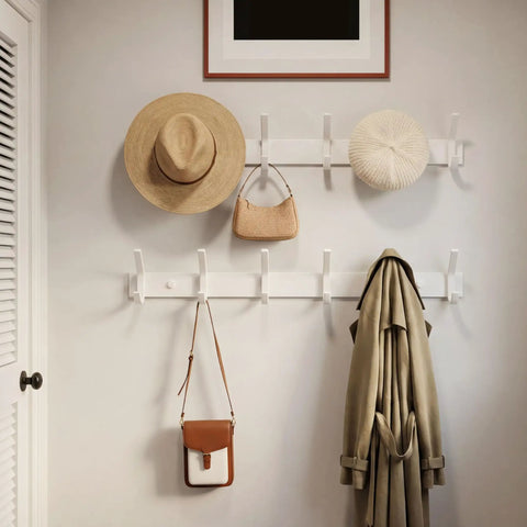 Wall Mounted Coat Rack With Six Heavy Duty Hooks, White Coat Hanger Wall Rack For Coats Jackets Hats And More, Durable Steel Back Plate