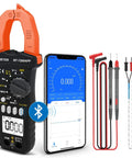 Smart TRMS 6000 Counts Clamp Meter With App Hookup For Android And iOS Digital Clamp On Ammeter next to smartphone and cables
