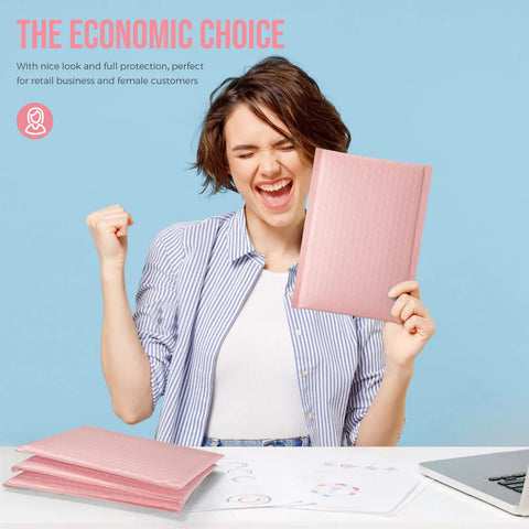 Person holding Light Pink Bubble Mailers 6x10 Inches, 100 Pack Self Seal Padded Envelopes With Usable 6x9 Inner Size.