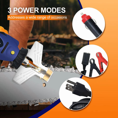 Electric Chainsaw Sharpener Kit Pro Grade Heavy Duty With Adjustable 25 30 35 Degree Angles, 12V DC 55W 25000 RPM Chainsaw Chain Grinder, Includes 5 Alloy Grinding Stones, File, And 110V To 12V Power Adapter ETJ007 image showing sharpening process and power modes.