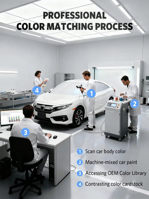 Technicians performing professional color matching process on a car in a lab with scanning and mixing equipment.