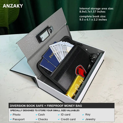Book Safe Dictionary Diversion With Combination Lock And Fireproof Money Bag Hidden Storage For Cash And Valuables Portable Metal Compartment Safe with open compartment showing passports and jewelry inside.
