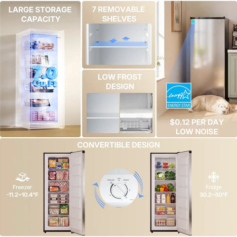 Your Go To Kitchen Game Changer 7 Cubic Foot Convertible Upright Freezer And Refrigerator In Silver displaying large storage and low frost design.