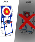 Comparison of large and small axe throwing game target boards with dimensions listed, red cross over small board