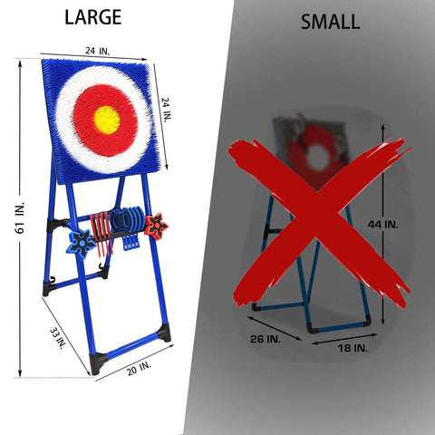 Comparison of large and small axe throwing game target boards with dimensions listed, red cross over small board