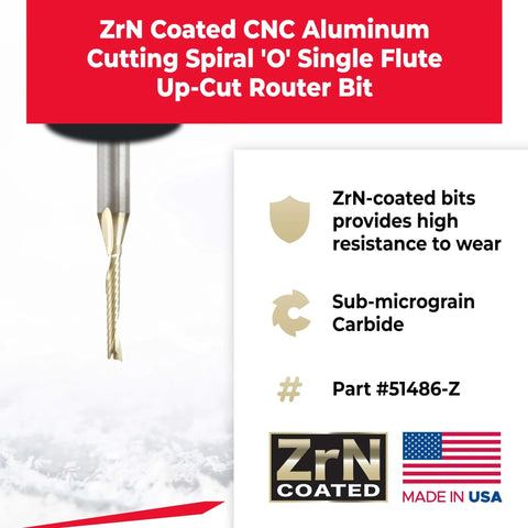 ZrN Coated CNC Solid Carbide Spiral O Flute Up Cut Router Bit For Aluminum Cutting One Eighth Inch Diameter Shown Unused