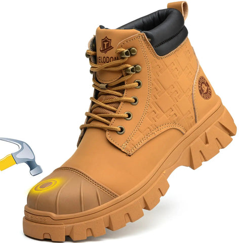 Waterproof Steel Toe Work Boots For Men 6 Inch Leather Construction Boots With Non Slip Outsole Safety Boots For Job Sites Indestructible Yet Lightweight Wheat Color Mens Work Shoes US Size 10.5