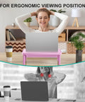 Pink Monitor Stand With Storage, Desk Riser And Laptop Elevation shown in ergonomic office setup with laptop and coffee mug