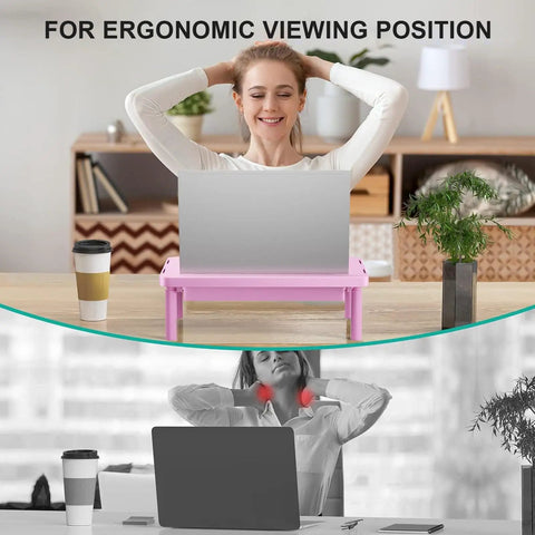 Pink Monitor Stand With Storage, Desk Riser And Laptop Elevation shown in ergonomic office setup with laptop and coffee mug