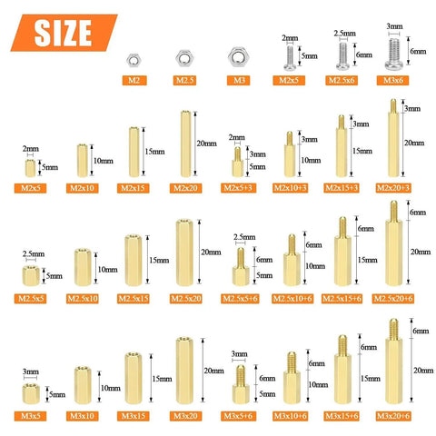 420 Piece Hex Brass Standoff Set With M2 M2.5 M3 Threaded Spacers Matching Screws And Nuts For PCB Circuit Board Mounting Electronics Projects DIY Electronics Build And Reliable Mounting size chart