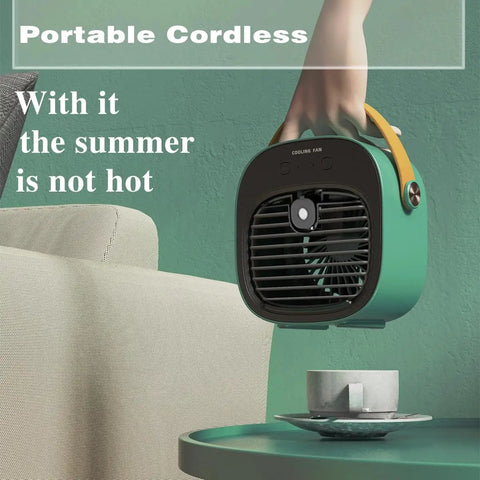 Cordless Mini AC With 6000mAh Battery, USB Powered Personal Cooling Unit with handle near sofa in indoor setting.