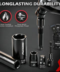 Chrome vanadium sockets and adapters from 66 Piece One Half Inch Drive Impact Socket Set With Deep And Standard 6 Point Cr-V Sockets SAE.