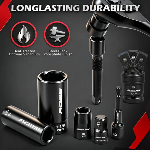 Chrome vanadium sockets and adapters from 66 Piece One Half Inch Drive Impact Socket Set With Deep And Standard 6 Point Cr-V Sockets SAE.