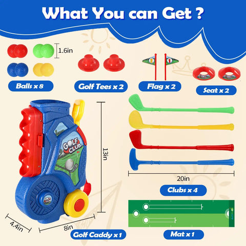 Toddler Golf Set With Easy Carry Cart, 4 Clubs, 8 Balls, Flags, Holes And Mat Indoor And Outdoor Mini Golf Kit for 3 to 5 year olds