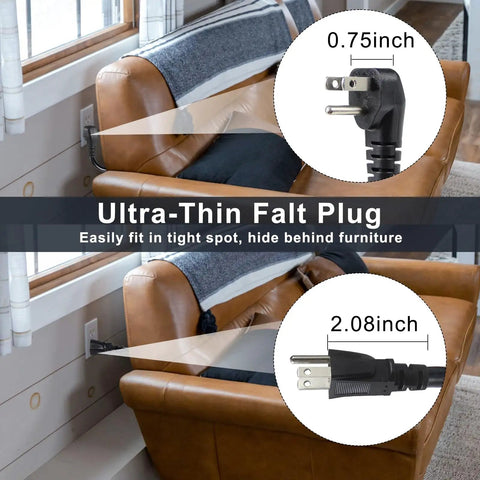 Short Power Extension Cord With Low Profile Wall Head 6 Inch 14AWG SJTW Heavy Duty Cable installed behind a sofa