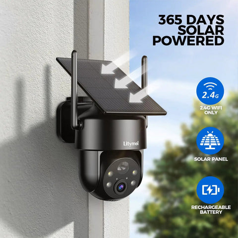 Mounted 2K 360 Degree Solar Wireless Outdoor Security Camera With Color Night Vision, Motion Detection, on wall.
