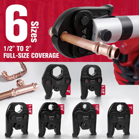 Cordless Copper Pipe Press Tool Kit With Six VUS Jaws For One Half To Two Inch Fittings, 32 kN Press Force shown with jaws