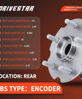 Pair 512374 Rear Wheel Hub And Bearing Assembly For AWD And 4X4 SUVs with encoder ABS, shown with specifications and dimensions.