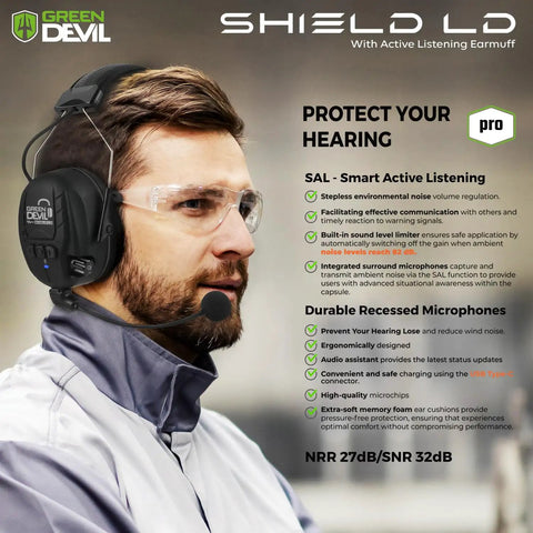 Image of a person wearing Electronic Bluetooth Earmuffs For Hearing Protection With Boom Microphone And 27 DB Noise Canceling Active Listening Headset For Work Construction And Shooting All Day Comfort Over Ear Design.