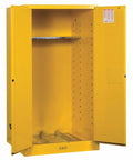 Tough As Nails Heavy Duty Fifty Five Gallon Flammable Drum Safety Cabinet With Self Closing Doors, yellow interior, open view.
