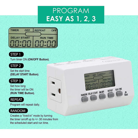 All Season Dual Grounded Outlets Outdoor Digital Timer With Six Inch Cord Plug And Play Simple Three Button Setup For Christmas Lights And Led Decor No Sweat showing programming steps on display.