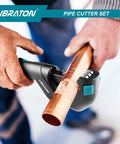 Person using Copper Tubing Cutter For Copper And Thin Stainless Steel Tubes From Three Sixteenths To Two Inches With Deburring Tool SKD Blade That Stays Sharp Smooth Bearing Rollers Rustproof And Easy To Use A Real Workhorse on copper pipe