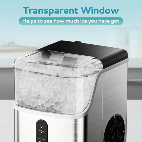Countertop Nugget Ice Maker With Self Cleaning Function, Sonic Pebble Ice Machine with transparent window showing soft ice inside.