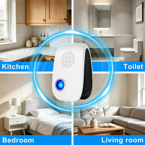 Eight Pack Ultrasonic Pest Repeller For Indoor Use With 3D Dual Speakers in kitchen, bedroom, toilet, and living room