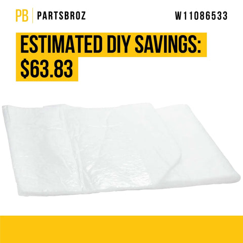 W11086533 Sound Shield Insulation For Whirlpool Kenmore KitchenAid Maytag Dishwashers displayed as a white sound shield material.