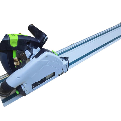 Heavy Duty 39 Inch Aluminum Track Saw Guide Rail Slick Sliding Design For Clean Cuts Like Butter Works With Makita Xps Sp6000j And Festool Routers showing close-up of plunge saw mounted on rail.