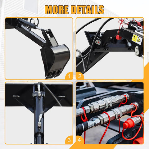Heavy Duty Skid Steer Loader Attachment Digger Hoe with 12 Inch Bucket and 59 Inch Digging Depth, hydraulic details on mini machine