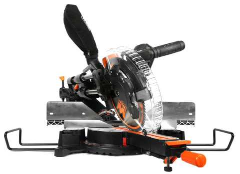 Pro Level 15 Amp 12 Inch Dual Bevel Sliding Compound Miter Saw with LED guide and compact design for precise cuts.