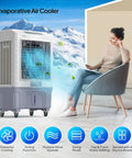 Heavy Duty 13.2 Gallon Evaporative Air Cooler And Portable Swamp Fan With Remote 4100 CFM Airflow 3 Speed Settings next to a woman using a laptop.