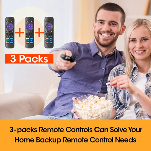 Couple with popcorn and TV, image of Three Pack Roku TV Remote Controls Replacement, Universal Compatibility with all Roku TV Brands, no setup required, easy pairing, backup remotes for home theater, includes three remotes, on screen.