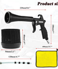 Tornado Car Cleaning Gun Air Blow Tool For Compressor Pneumatic System displayed with size dimensions, brush, nozzle, and cloth