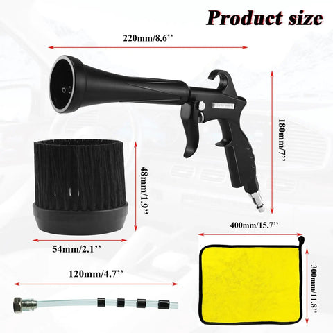 Tornado Car Cleaning Gun Air Blow Tool For Compressor Pneumatic System displayed with size dimensions, brush, nozzle, and cloth