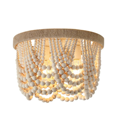 Boho Chic Wood Beaded Flush Mount Light Fixture, Rustic Farmhouse Three Light Chandelier for Bedroom, Hallway, Entry, Kitchen, Living Room, Nursery, E26 Sockets, Natural Hemp Rope Trim