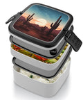 Desert Cactus Themed Bento Box For Adults Grab And Go 2 Tier Portable Lunch Box with spoon, open view showing compartments