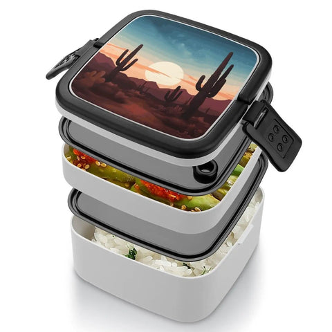 Desert Cactus Themed Bento Box For Adults Grab And Go 2 Tier Portable Lunch Box with spoon, open view showing compartments