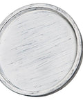 14 Inch White Distressed Round Lazy Susan Real Deal Farmhouse Turntable Smooth Spinning Wooden Serving Tray top view showing surface texture.