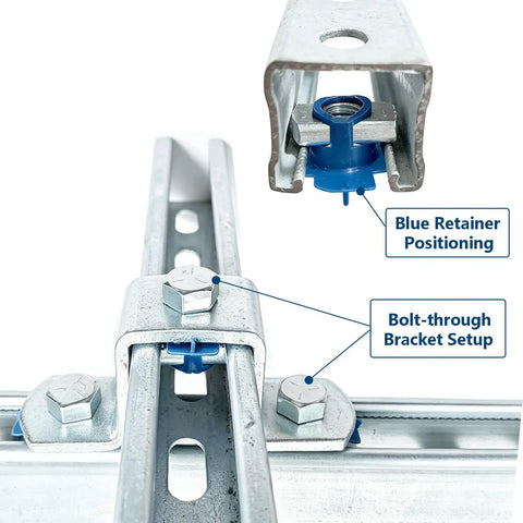 Half Inch Thirteen Thread Strut Channel Nuts And Hex Bolts With Blue Plastic Wing Twist Lock Tabs For Nail The Install Hardware Setup Includes Thirty Six Rock Solid Rack Mounting Pieces showing bolt-through bracket and retainer positioning.