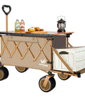 Heavy Duty Collapsible Folding Wagon With Integrated Aluminum Table All Terrain Beach Cart With Open Tailgate Durable Khaki