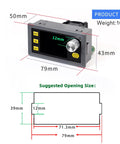 Dimensions of 120W Buck Boost Power Converter With Color LCD Display showing 79mm length, 43mm height, 50mm width, and cutout size.