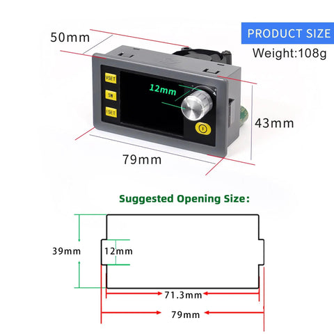 Dimensions of 120W Buck Boost Power Converter With Color LCD Display showing 79mm length, 43mm height, 50mm width, and cutout size.