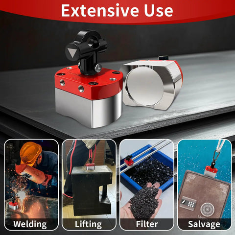 Heavy Duty 180 Lb On Off Magnetic Welding Square Base for Lifting and Handling Built to Last shown in various uses